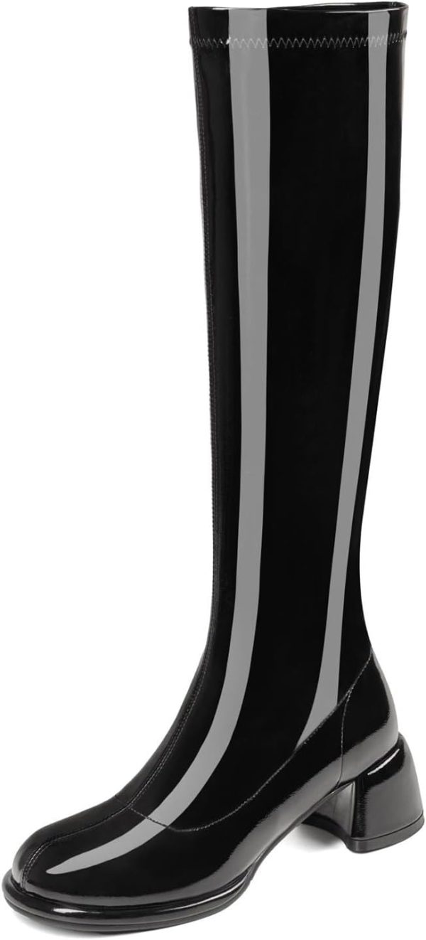 YYBYYB Black Knee-high Boots for Women Round Toe Tall Boots Chunky Heel Long Boots Full Side Zippe Fashion Boots Women’s Gogo Boots