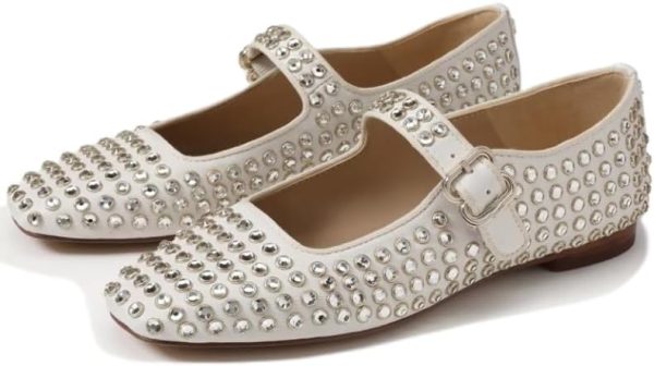 ZIXSAA Rhinestone Flats for Women Studded Ballet Flats Sparkly Square Toe Buckle Strap Ballerina Mary Jane Shoes