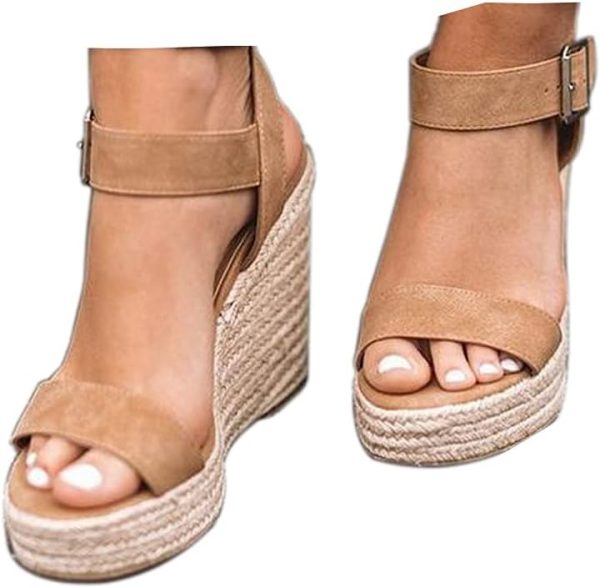 SUMOJIU Women'S Wedge Sandals Platform, Ankle Strap Wedge Sandals Open Toe Casual Summer Straw Woven Classic Wedge Sandals