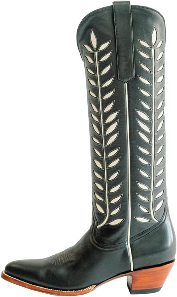 WINDBXYB Embroidered Cowboy Boots for Women Almond Round Toe Chunky Heel Cowgirl Boots Pull On Knee High Western Cowgirl Boots and Foliage Inlay