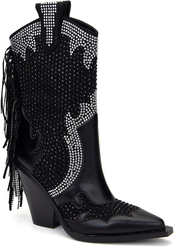 Feinlina Women's Pointed Toe Chunky Heel Mid Wide Calf Boots Rhinestone Western Cowboy Boots With Tassel