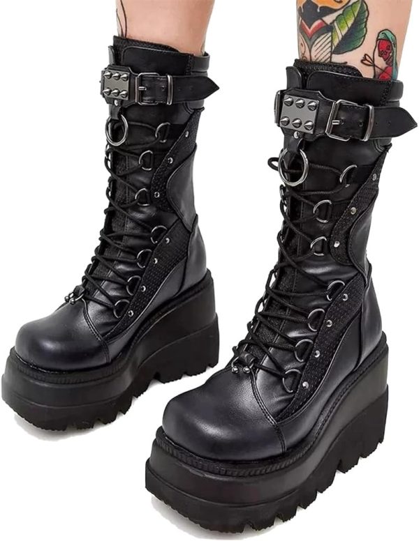 XBKOJBA Women's Goth Punk Platform Boots Chunky Heel Work Combat Boots Fashion Lace-Up Round Toe Mid Calf Motorcycle Boot