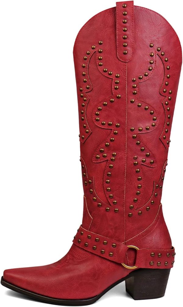 VBDB Women's Cowboy Boots Cowgirl Knee High Boots Wide Calf Western Boots Pointed Toe Studded Fashion Thigh High Boots