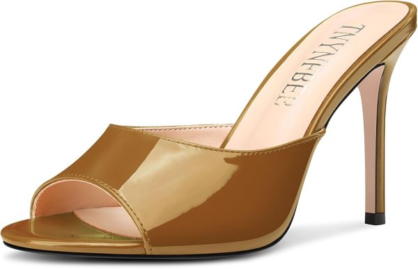 TNYNFBEB Womens Stiletto High Heel Peep Open Toe Sandals Mules Shoes Slingback Slip-on Prom Party Dress Patent Leather 3.9 Inches Heels