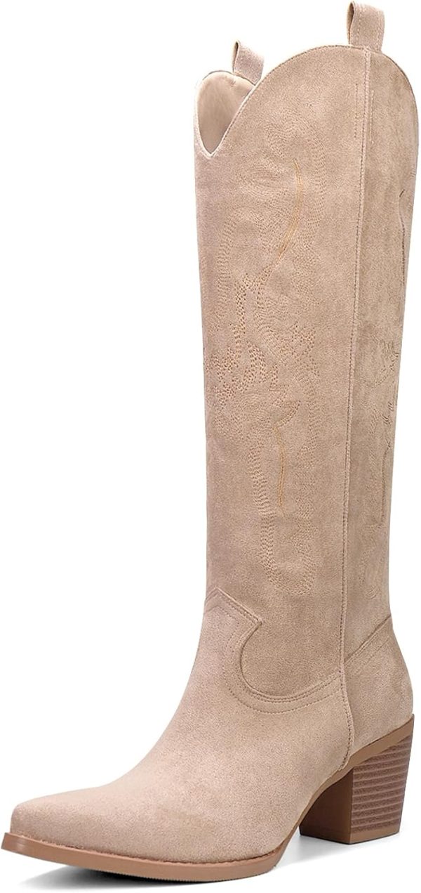 VBDB Cowboy Boots for Women Knee High Boots Pointy Toe Suede Boots with Embroidered Chunky Heel Western Cowgirl Boots