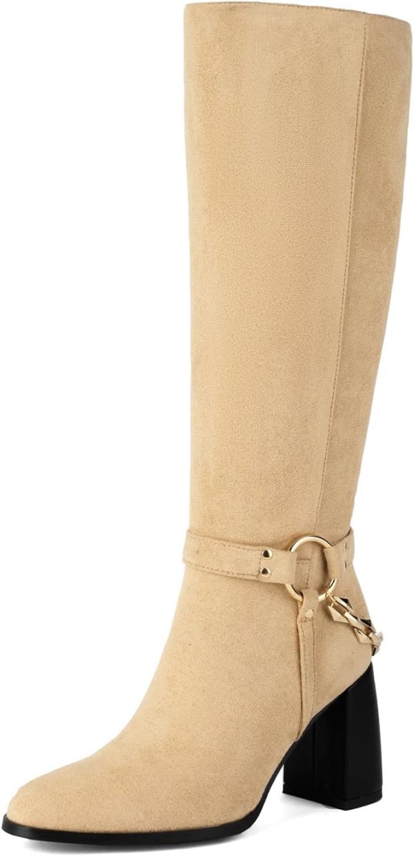 AIJIVOU Women's Knee High Boots Chunky High Heels Classic Suede Mid Calf Boots with Chain Round Toe Pull On Fashion Buckles Dressy Boot Sexy Boot