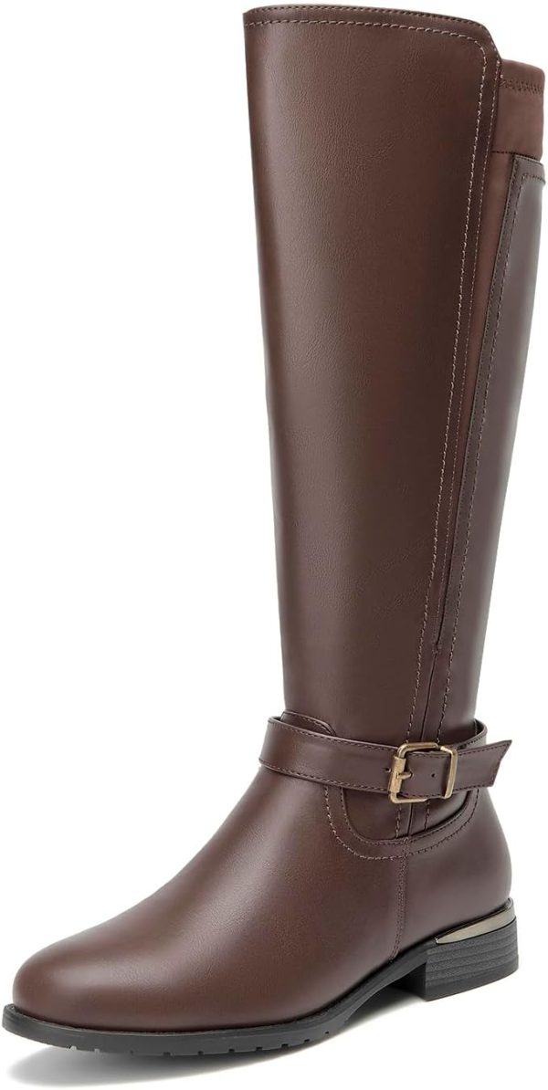 ALLOT Women's Chunky Low Heel Knee High Boots Side Zip Buckle Strap Fashion Riding Boots Round Toe Comfortable Warm Winter Boots