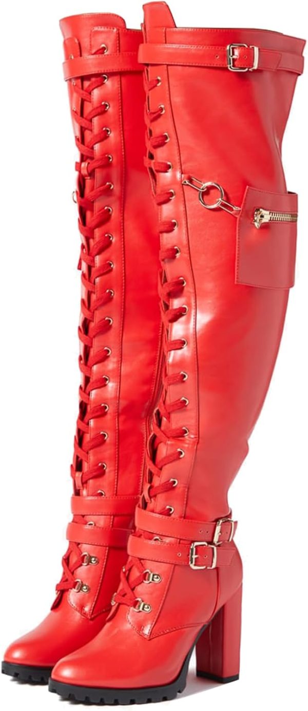 Yishaweiqi Buckle Strap Wide Calf Thigh High Boots for Women Chunky Block High Heel Over The Knee Boots Lace up Riding Combat Boots Ladies Side Zipper Tall Long Boots