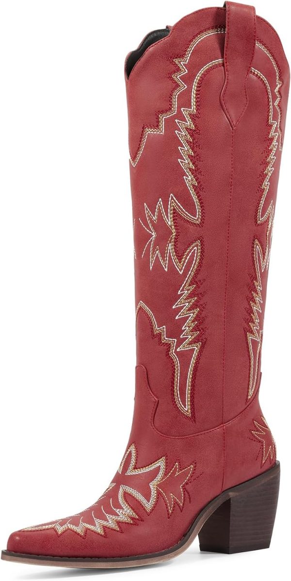 wetkiss Cowboy Boots for Women Embroidered Knee High Cowgirl Boots Womens Retro Western Boots Pull on Tall Boots with Chunky Heel Pointed Toe