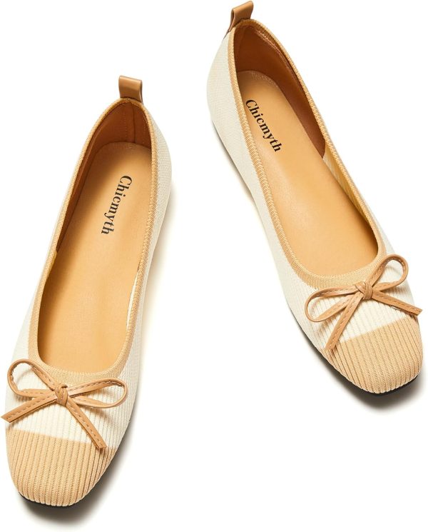 Chicmyth Ballet Flats for Women | Knit Square Toe Slip on Flats | Two-Tone Bowknot Shoes