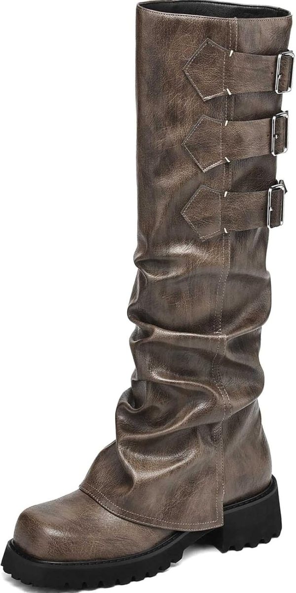 AIUNIIND Knee High Boots for Women Fold Over Boots Slouchy Square Toe Biker Boots Platform Riding Boots Gothic Moto Buckle Boots