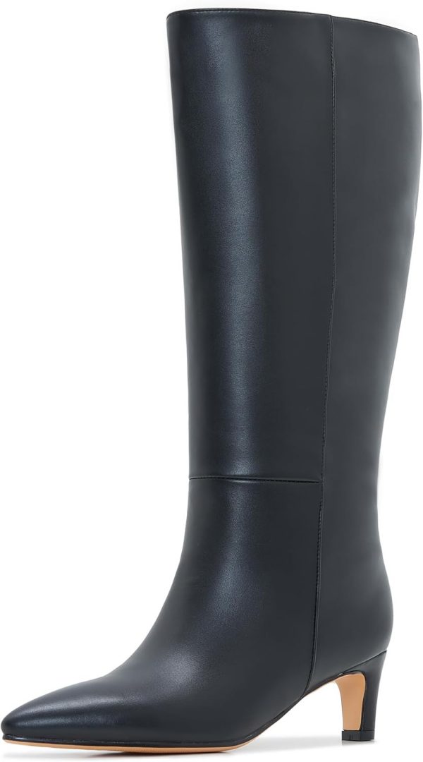 Aizhenzm Kitten Heel Boots For Women Knee High Boots Low Heel Wide Calf Pointed Toe Stiletto Heel Tall Long Boots