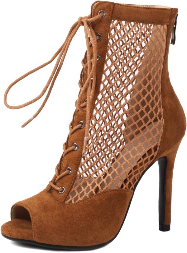 Uonpie Sexy Peep Toe Suede Mesh Latin Dance Boots for Women 4 Inch Heel