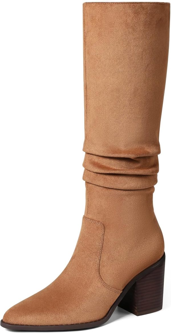 VOMIRA Knee High Boots Women Suede Boots Pointy Toe Chunky Block Heels Side Zipper Wide Calf Boots Fashion Dress Tall Boots Fall Winter Long Boots