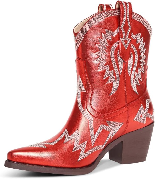 HOCHFART Western Boots for Women Metallic Embroidered Pointed Toe Cowgirl Boots Chunky Heel Pull-On Short Cowboy Boots Wide Calf Country Ankle Boots