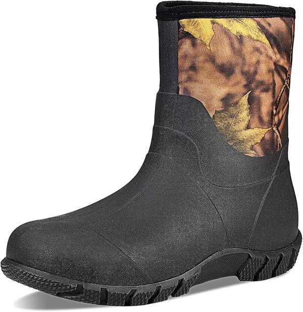 TENGTA Men's Wide Width Rubber Boots, Mid Calf Waterproof Mens Rain Boots, Neoprene Insulated Mens Mud Work Boots for Hunting Farming Gardening Mud Working