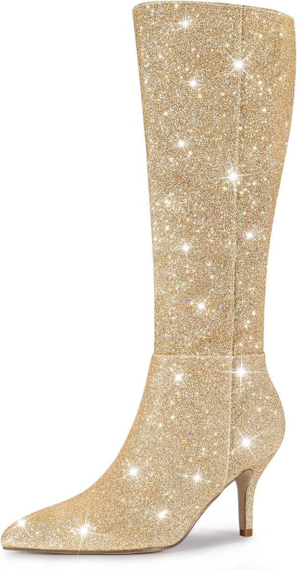 Allegra K Women's Sparkle Glitter Pointy Toe Stiletto Heel Knee High Boots